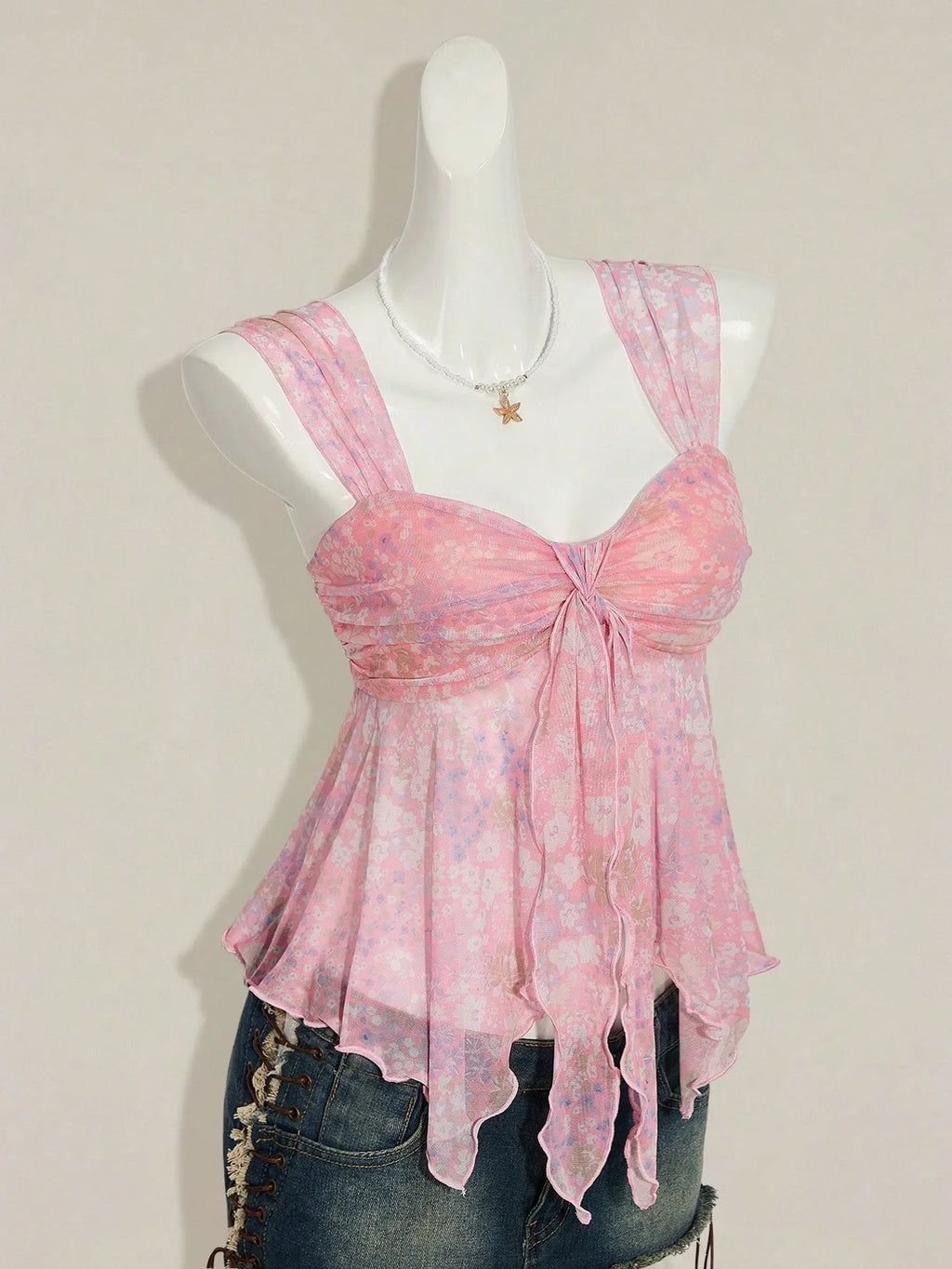 Poppy V-Neck Bow Sheer Camisole Crop Top One-piece