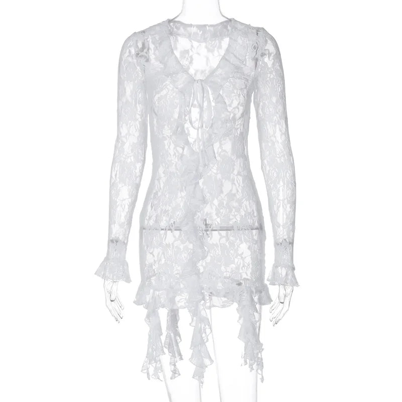 Angelique Sheer Lace Tie-Front Long-Sleeve Mini Dress