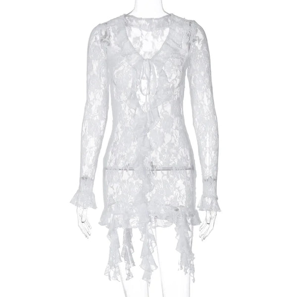 Angelique Sheer Lace Tie-Front Long-Sleeve Mini Dress