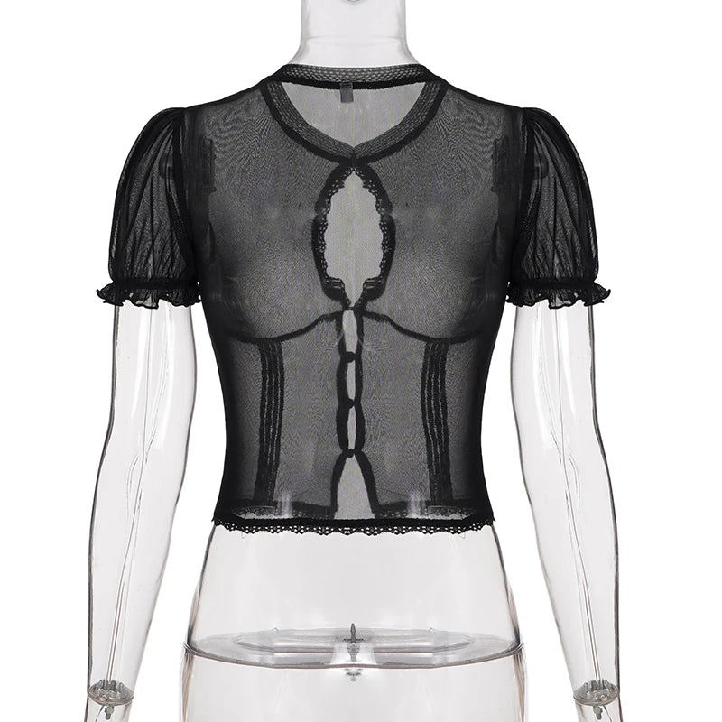 Selena Noir Mesh Lace Keyhole Top