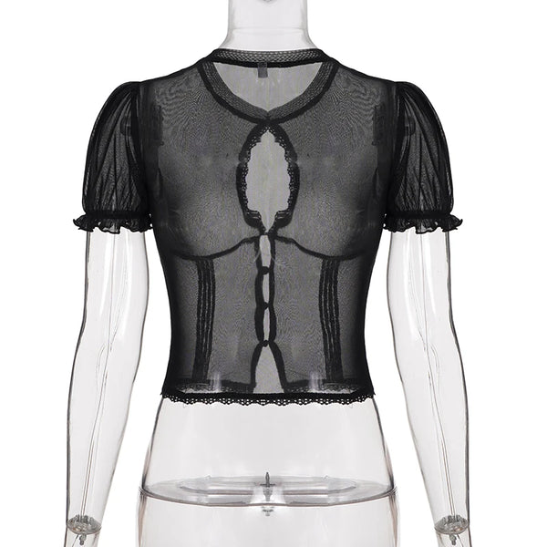 Selena Noir Mesh Lace Keyhole Top
