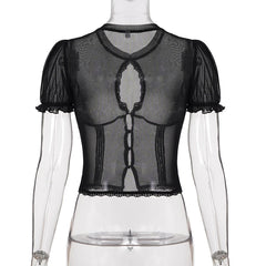 Selena Noir Mesh Lace Keyhole Top