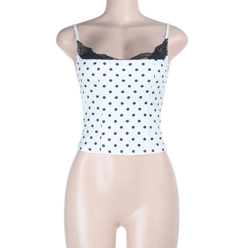 Dotty Polka-Dot Lace-Trim Cami Crop Top One-piece