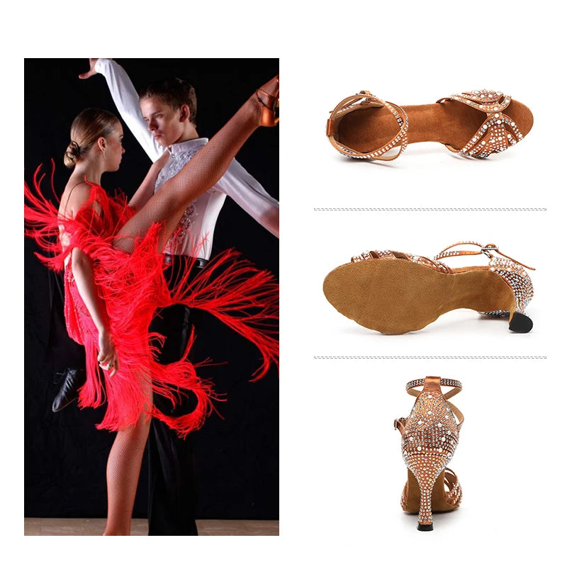 DKZSYIM Rhinestone Latin Dance Shoes Female Latin Salsa Girl Casual Shoes Black Bronze Skin Shiny Ballroom Dance Shoes Sandals