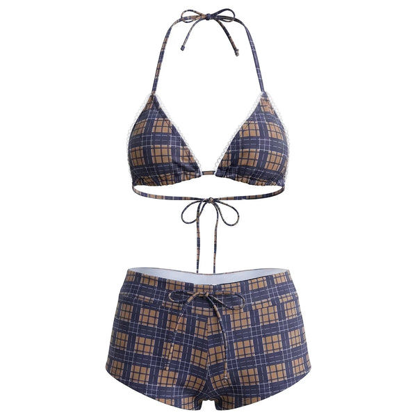 hirigin Women's 2 Piece Bikini Set Fashion Plaid Print Sleeveless Halter Neck Triangle Tops and Low Waist Boyshorts Bathing Suit