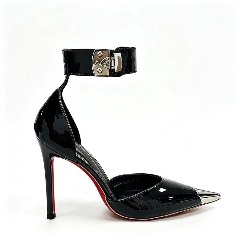 Black patent leather slim heel high heels for women, 2026 new summer style pointed metal shoes, temperament hollow single shoes