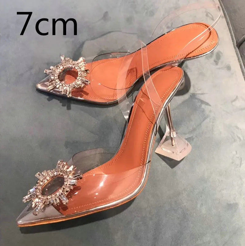 34-45 PVC Transparent Crystal Shoes 2024 Summer New Pointed Odd Heel Shoes Stiletto Ladies Sun Decoration Wild Fairy Shoes