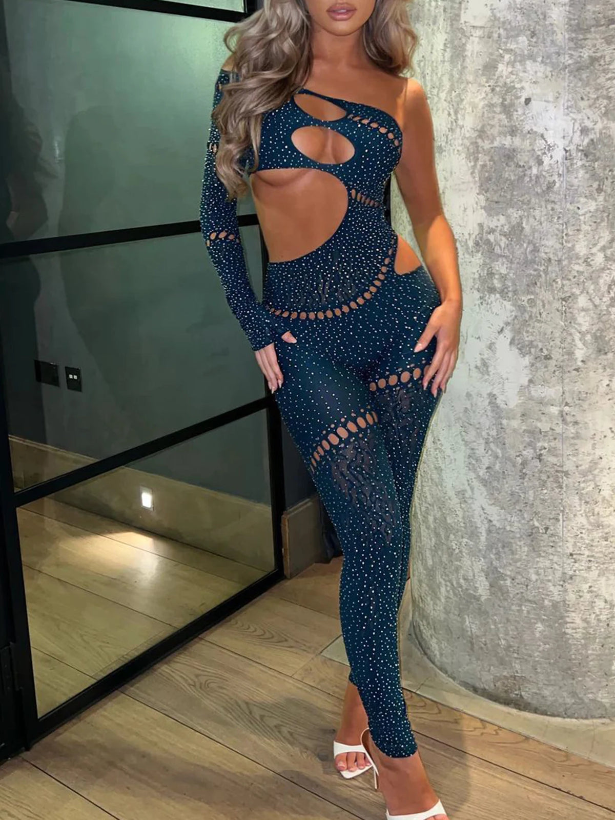 Domenica Rhinestone Hollow-Out Long-Sleeve Bodycon Jumpsuit One-piece