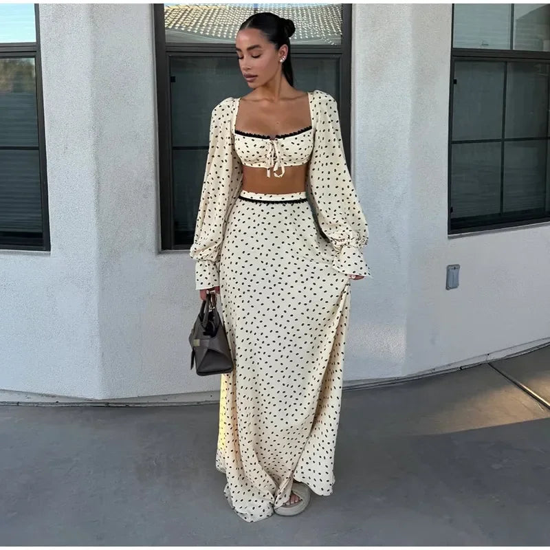 Fashion Women's Polka Dot Long Skirt Set Square Neck Lantern Sleeve Lace Crop Top High Waist A-line Skirts 2026 Summer Lady Suit