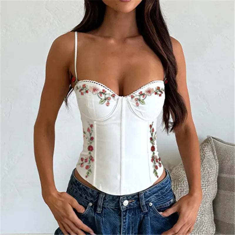 hirigin Floral Embroidered Corset Top Women Spaghetti Strap Scalloped Trim Bustier Crop Top Sexy Y2K Coquette Aesthetic Camisole