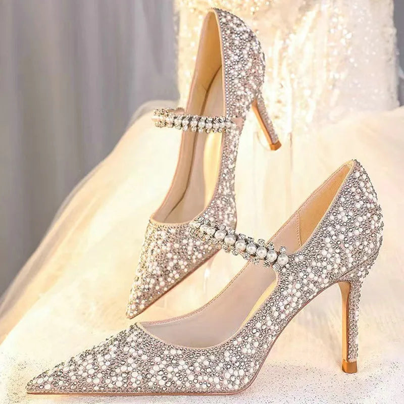 Crystal Women Wedding Pumps One Strap Pointed Toe Famous Shoes Ladies Elegant Spring Summer Stiletto Heels Pumps Bride Balanced