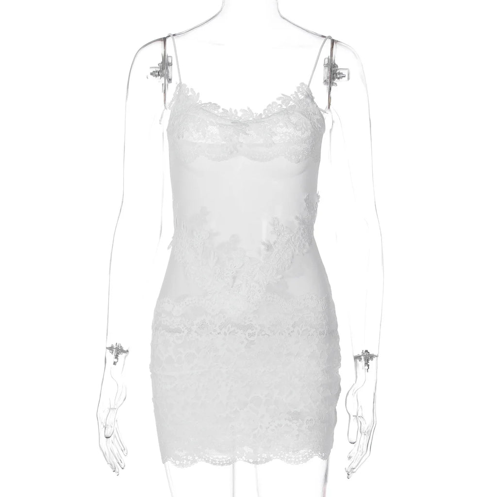 Verbena Sheer Lace Appliqué Mesh Cami Bodycon Mini Dress
