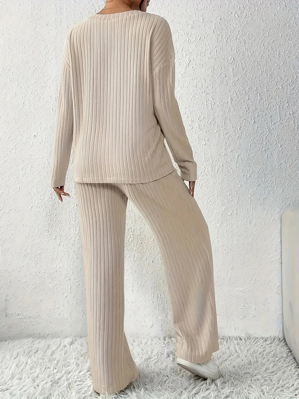 Cordula Ribbed Knit V-Neck Sweater & Wide-Leg Trousers Two-piece