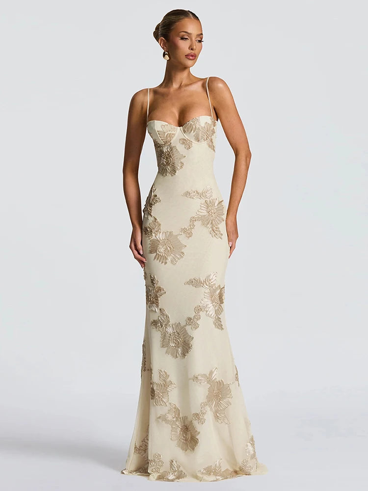 Isabella Spaghetti Strap Floral Embroidered Bodycon Maxi Dress