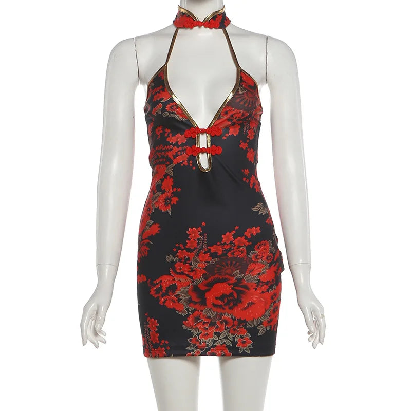 Wanda Red Floral Halter Plunge Cut-Out Bodycon Mini Dress