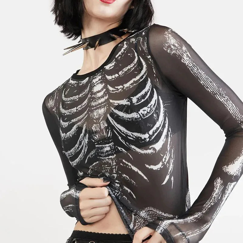 Morticia Skeleton Print Sheer Mesh Long-Sleeve Top One-piece