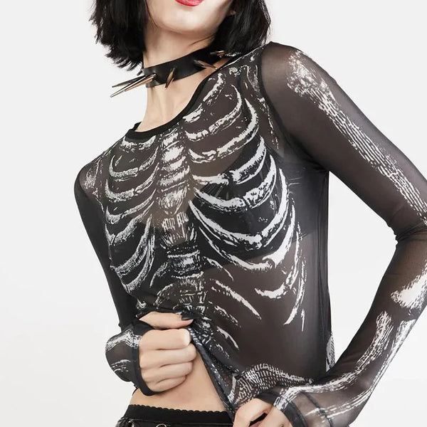 Morticia Skeleton Print Sheer Mesh Long-Sleeve Top One-piece