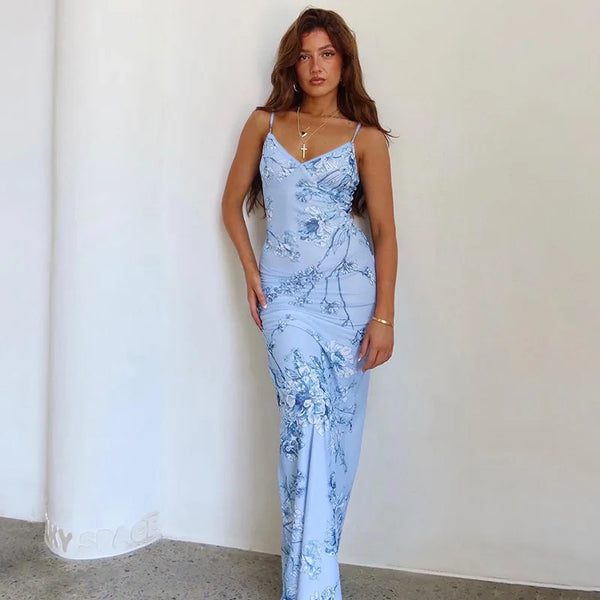 Adalgisa Floral Print V-Neck Cami Backless Bodycon Maxi Dress