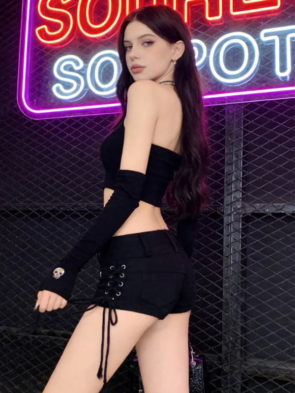 Morgana Gothic Low-Rise Lace-Up Black Denim Shorts Apparel One-piece