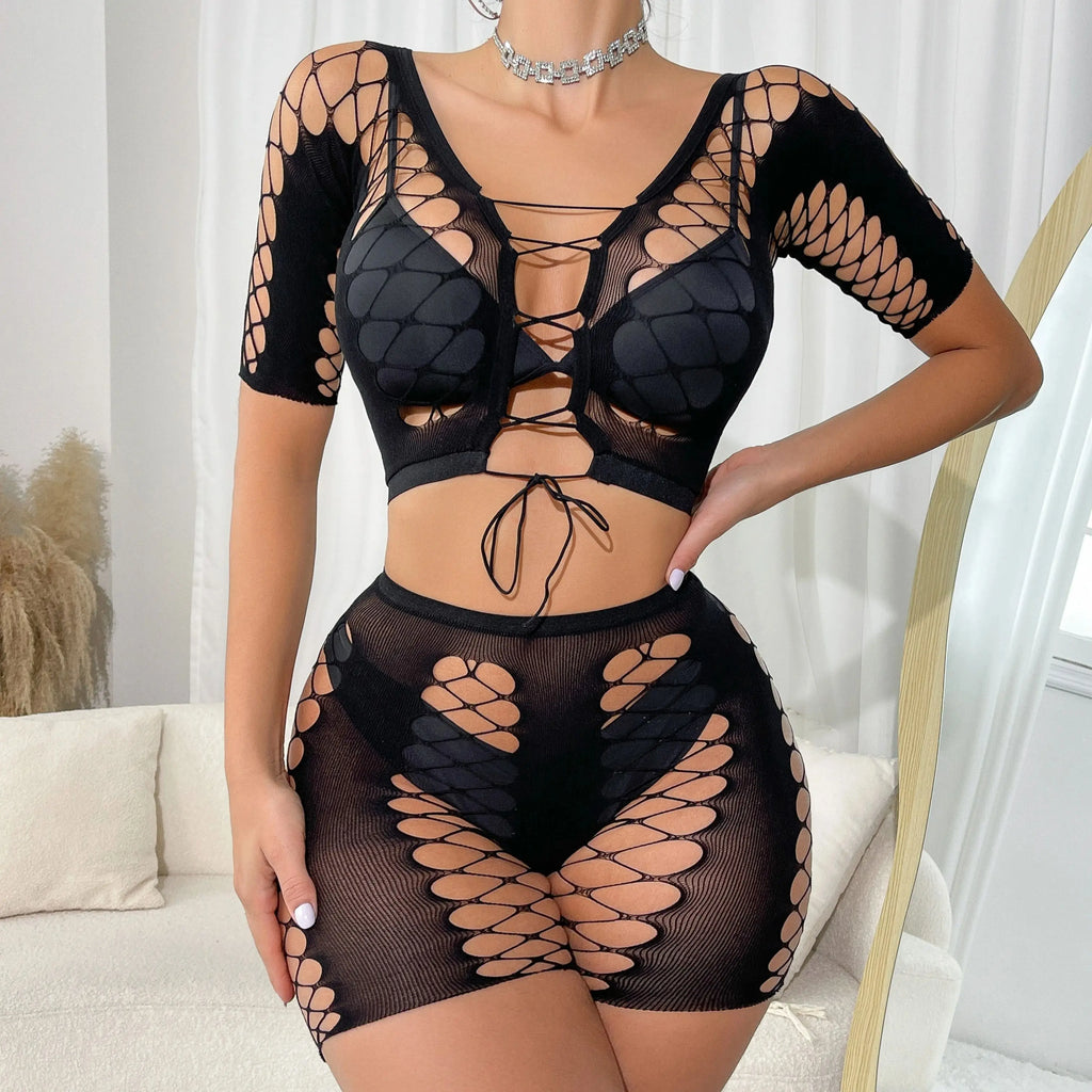 Zelie Short-Sleeve Lace-Up Fishnet Crop Top & Shorts Lingerie Two-piece