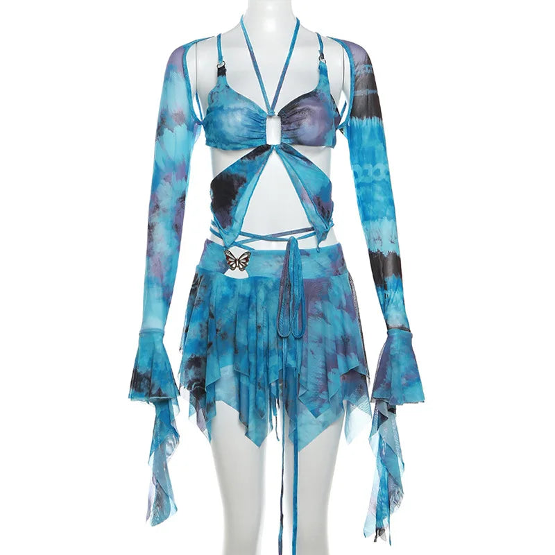 Gwynedd Y2K Ruffle Tie-Dye Crop Top & Wrap Mini Skirt Set