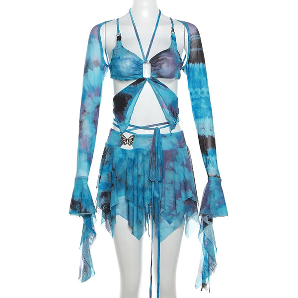 Gwynedd Y2K Ruffle Tie-Dye Crop Top & Wrap Mini Skirt Set