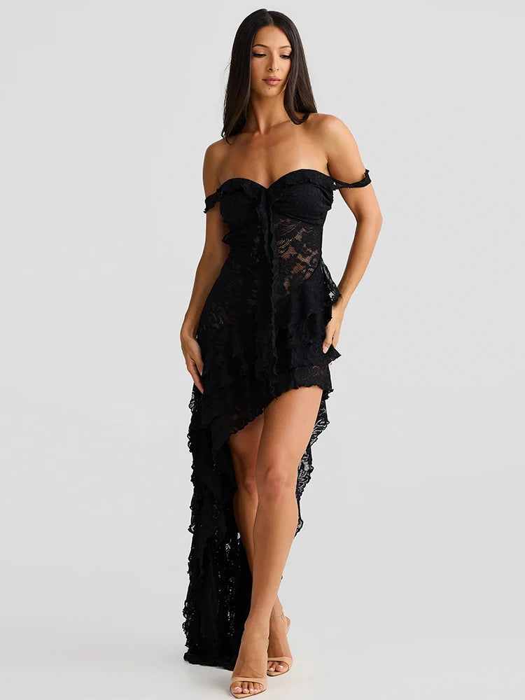 Nibber Sexy rregular Tierred Dress Women Mesh Patchwork Slash Neck Lace-Up Backless Midnight Banquet Party Elegant Long Bodycon