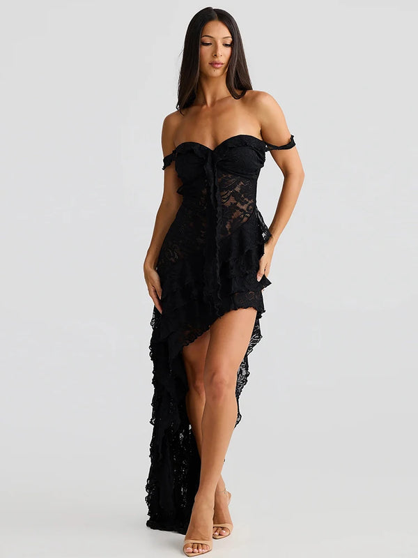 Nibber Sexy rregular Tierred Dress Women Mesh Patchwork Slash Neck Lace-Up Backless Midnight Banquet Party Elegant Long Bodycon