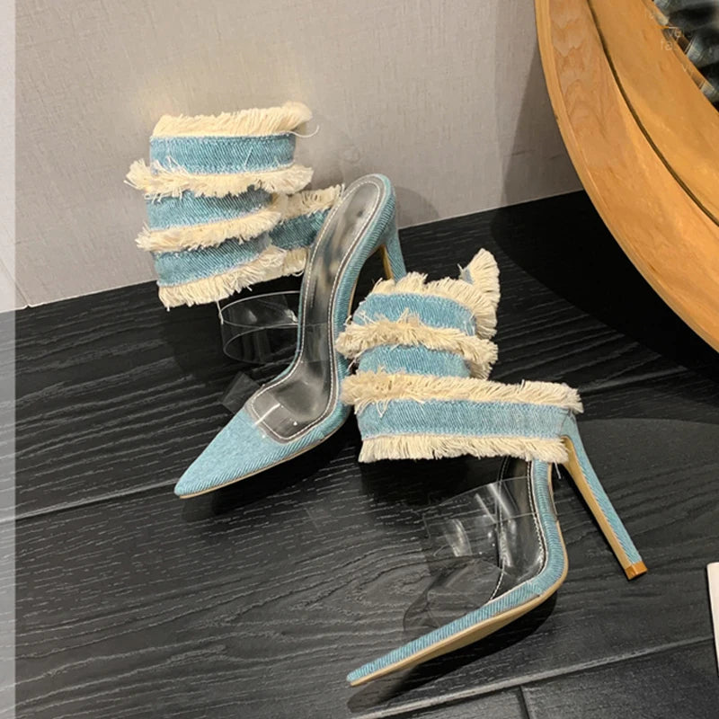 Liyke 2025 New Design Denim Ankle Snake Surround Strap Sandal Women Transparent PVC Summer High Heels Party Stripper Shoes Pumps