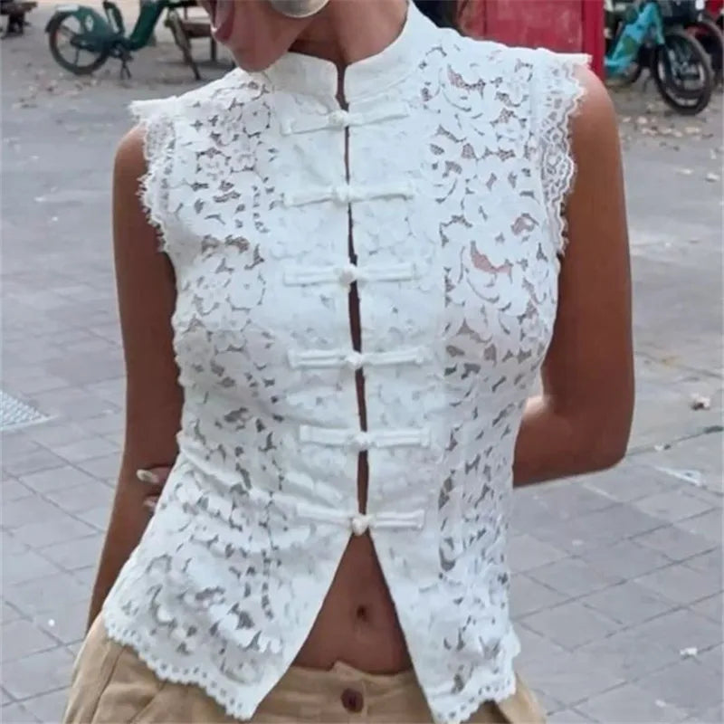 Adalyn Hollow Lace Waist-Cinched Sheer Top