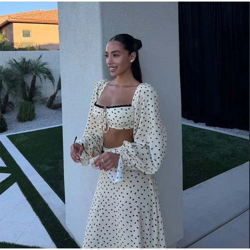 Fashion Women's Polka Dot Long Skirt Set Square Neck Lantern Sleeve Lace Crop Top High Waist A-line Skirts 2026 Summer Lady Suit