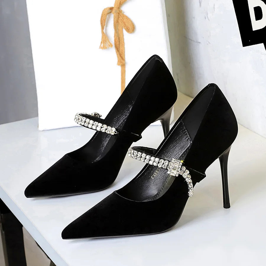 European and American Pointed Head Shallow Mouth Rhinestone Word with Banquet Thin Heel High Heel Women's Single Shoes