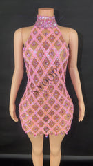 Selena Crystal Sheer Bodycon Halter Mini Dress