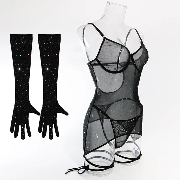 Honorine Shimmer Dot Sheer Mesh Garter Slip, Thong & Gloves Lingerie Three-piece
