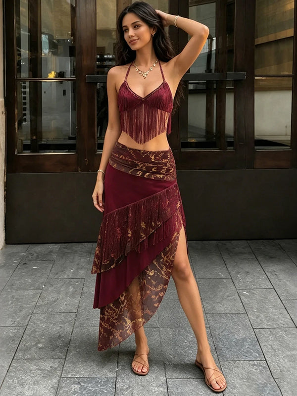 Zelda Asymmetrical Fringe Halter Maxi Skirt Set Two-piece