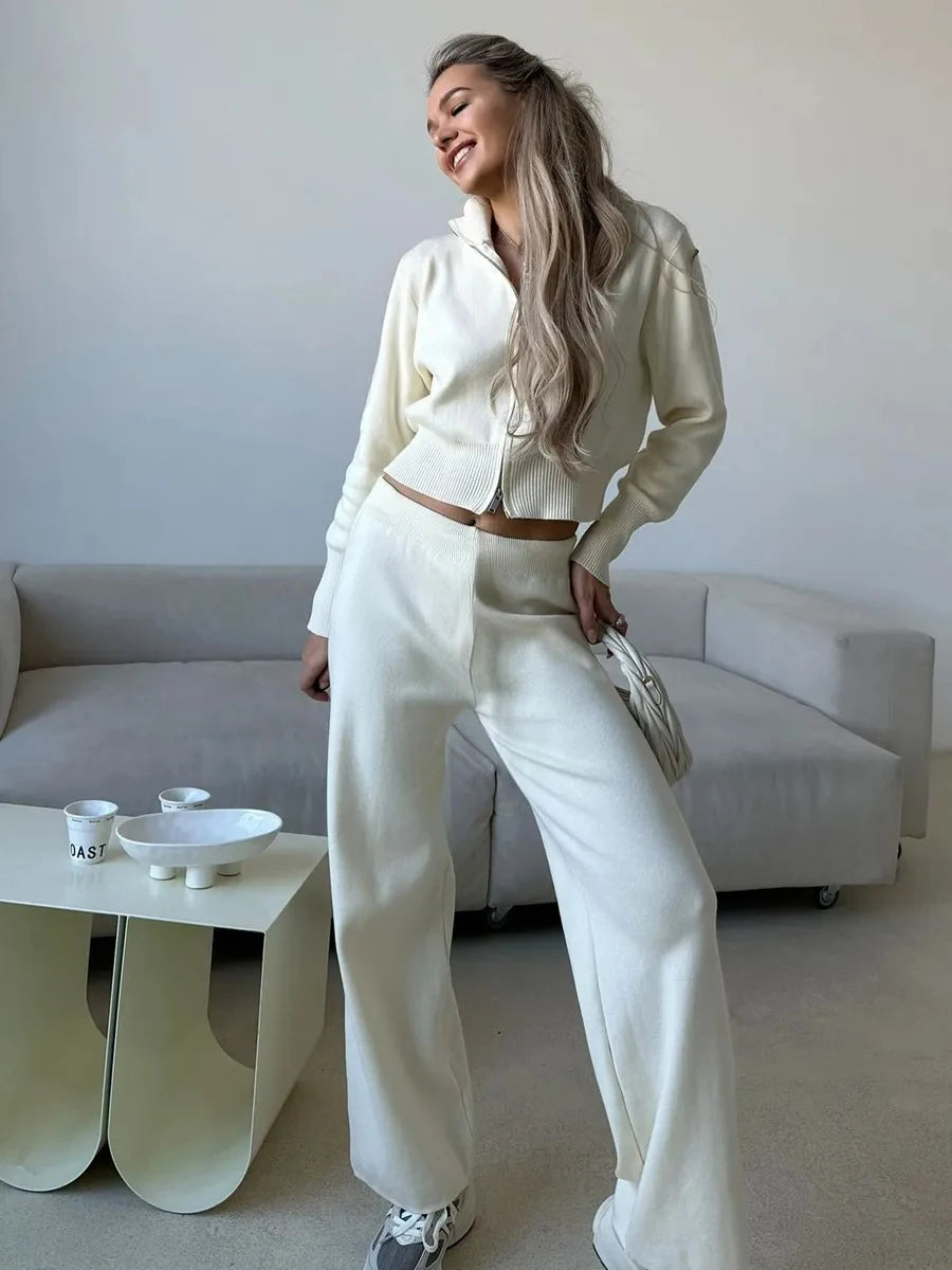 Sigourney Knit Zip-Up Cropped Cardigan & Wide-Leg Pants Two-Piece Set