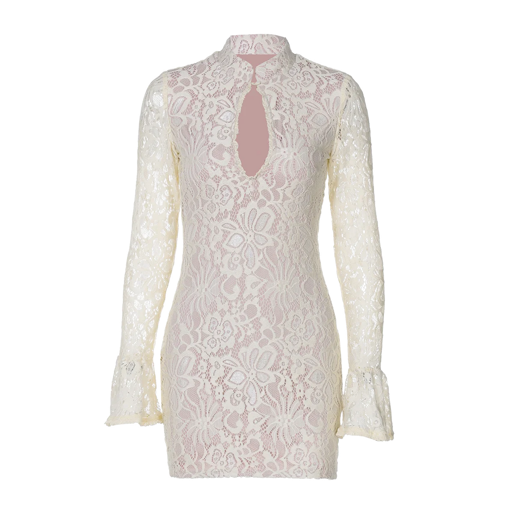 Pearl Lace Keyhole Flare-Sleeve Mini Dress