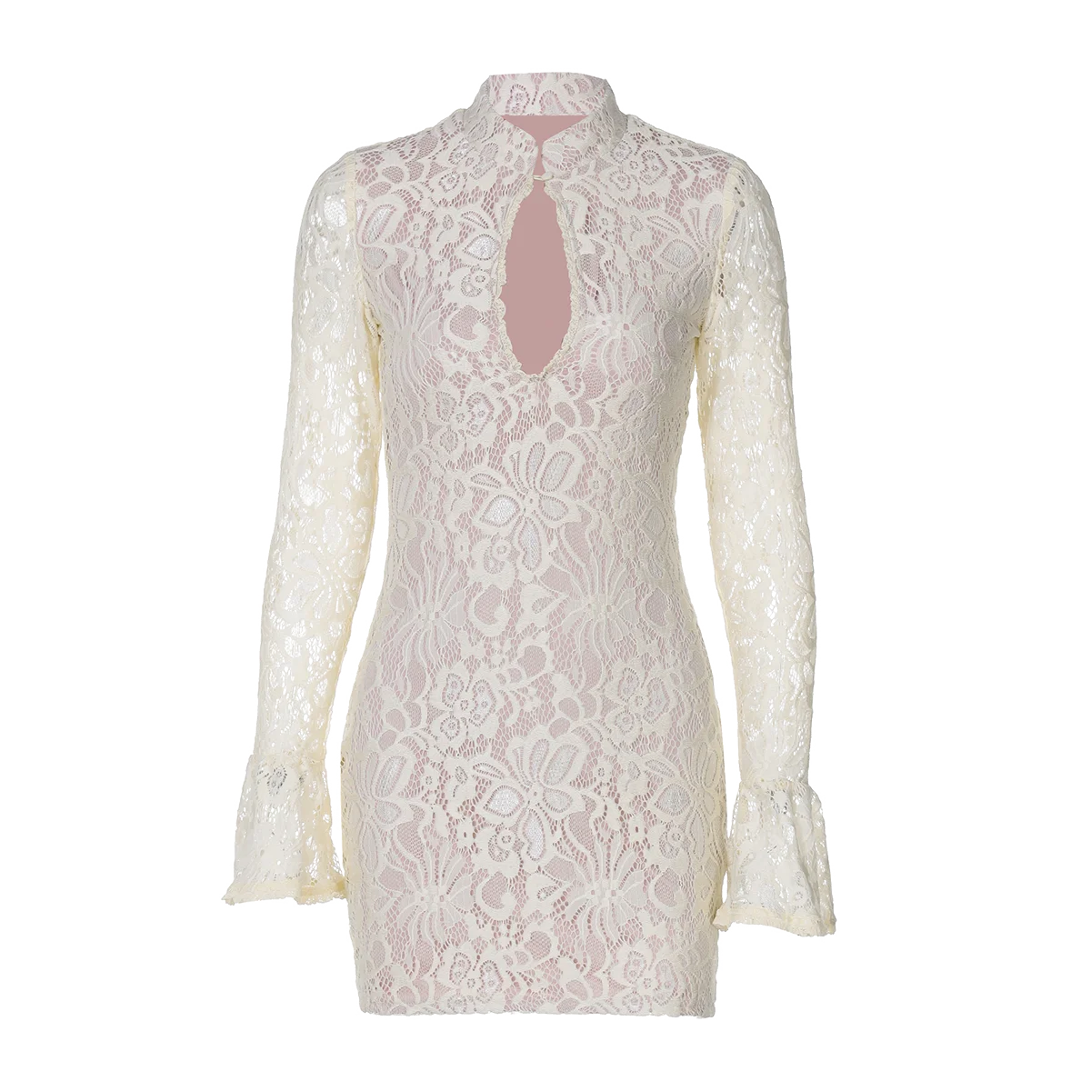 Pearl Lace Keyhole Flare-Sleeve Mini Dress