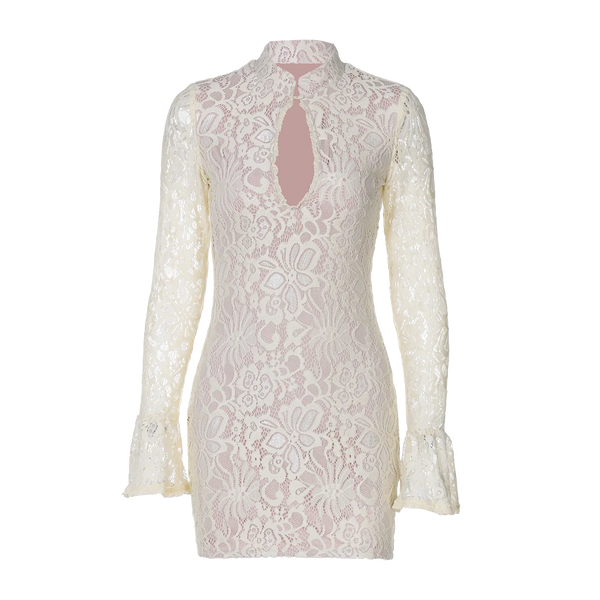 Pearl Lace Keyhole Flare-Sleeve Mini Dress