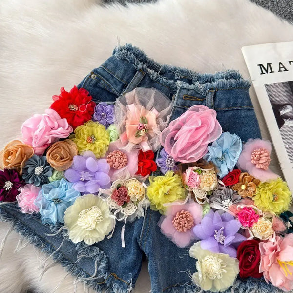 Flora 3D Floral Denim Shorts Apparel One-piece