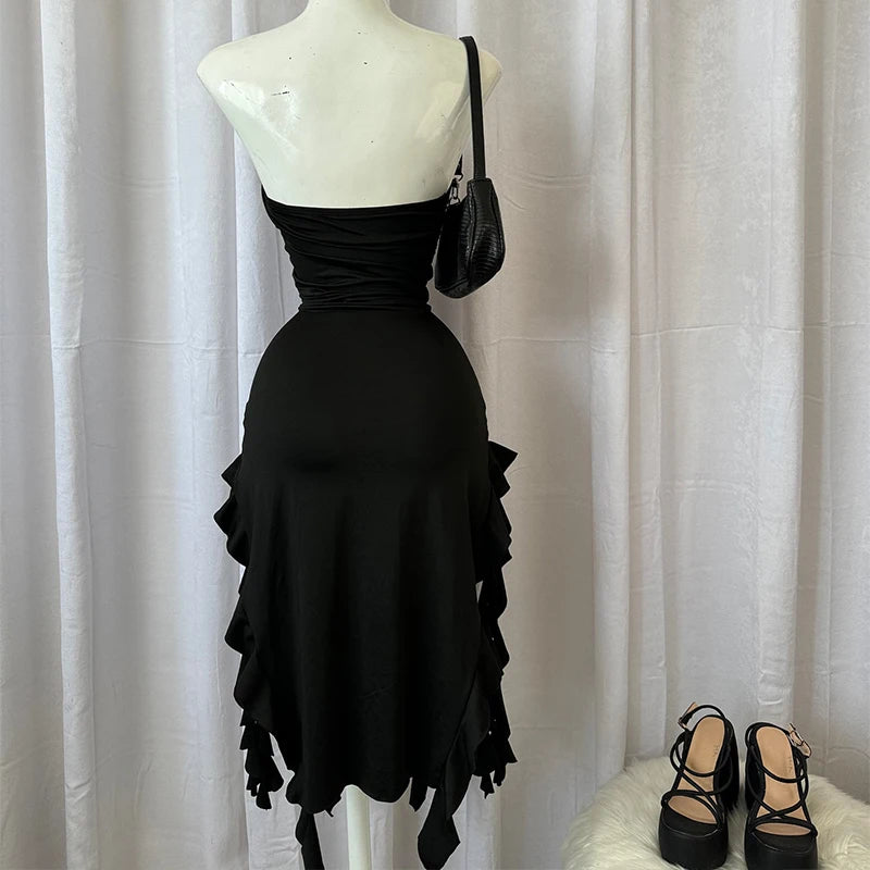 Luna Asymmetric Ruffle Slit Maxi Dress One-piece