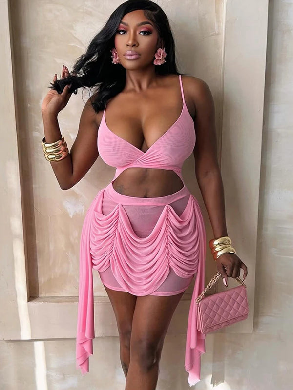 Seraphina Pink Ruched Tassel Mini Dress
