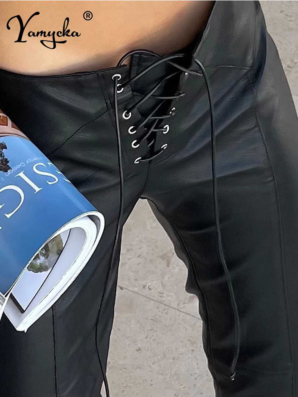 Sexy black PU leather pants women straight leg pants trousers woman clothing high waist casual baggy wide leg pants streetwear Main image