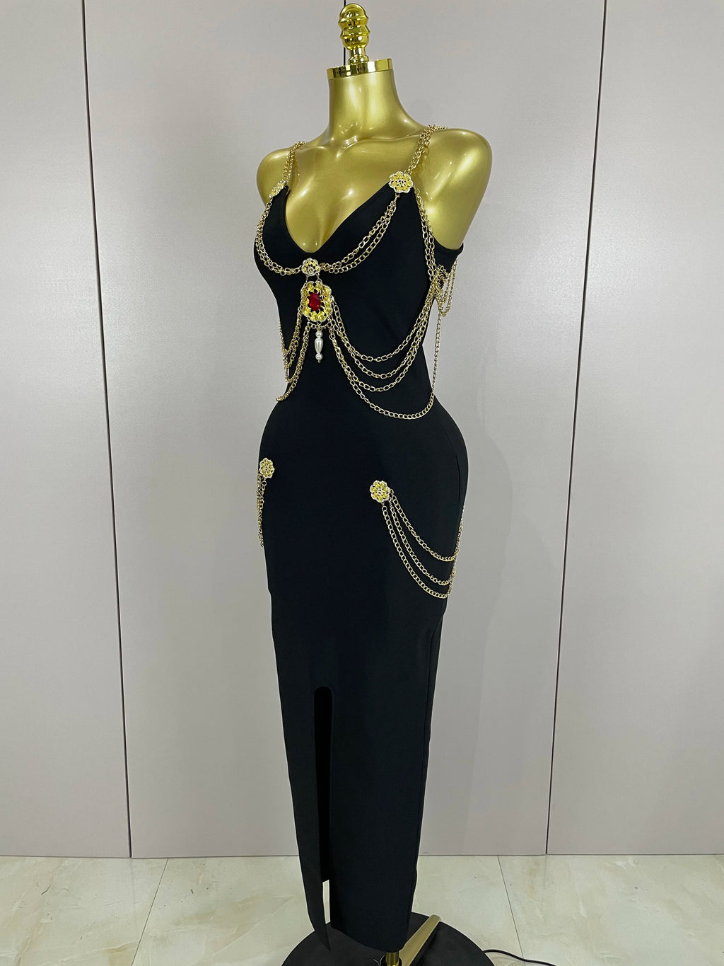 Kassandra Chain-Strap Split Bandage Maxi Dress
