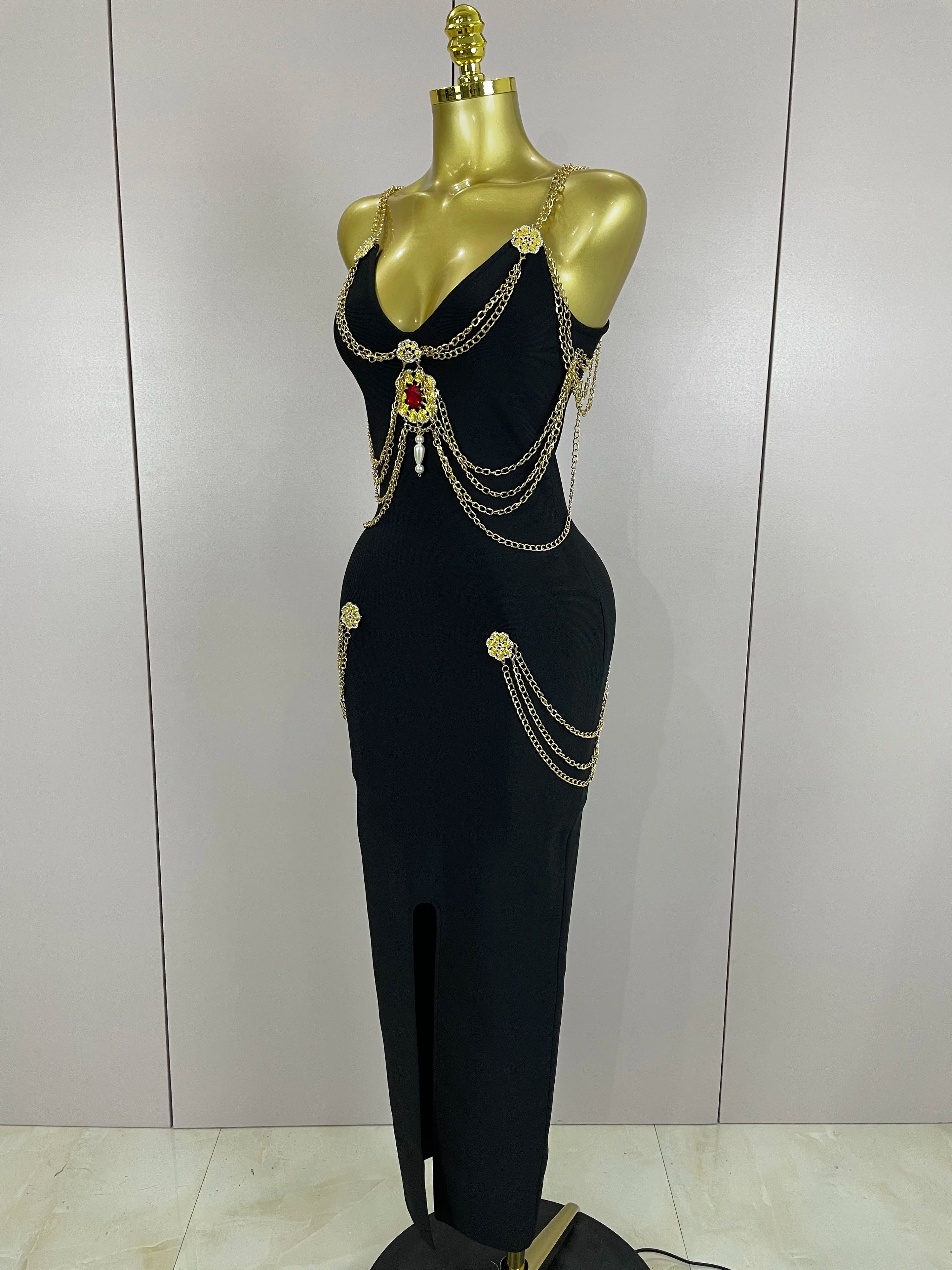 Kassandra Chain-Strap Split Bandage Maxi Dress