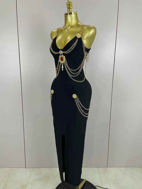 Kassandra Chain-Strap Split Bandage Maxi Dress
