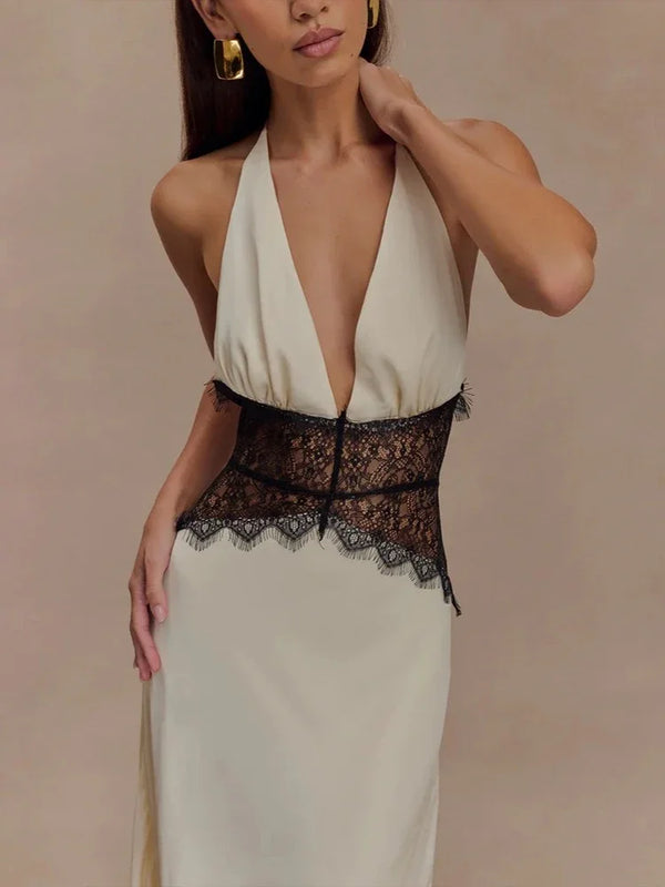 Pervinca Lace-Panel Satin Plunge Halter Backless Maxi Dress