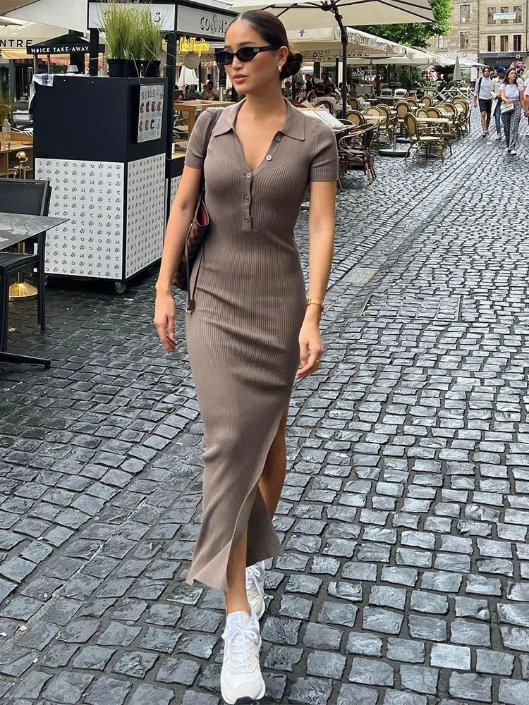 Svetla Polo-Collar Button-Front Ribbed Side-Slit Bodycon Dress Main image