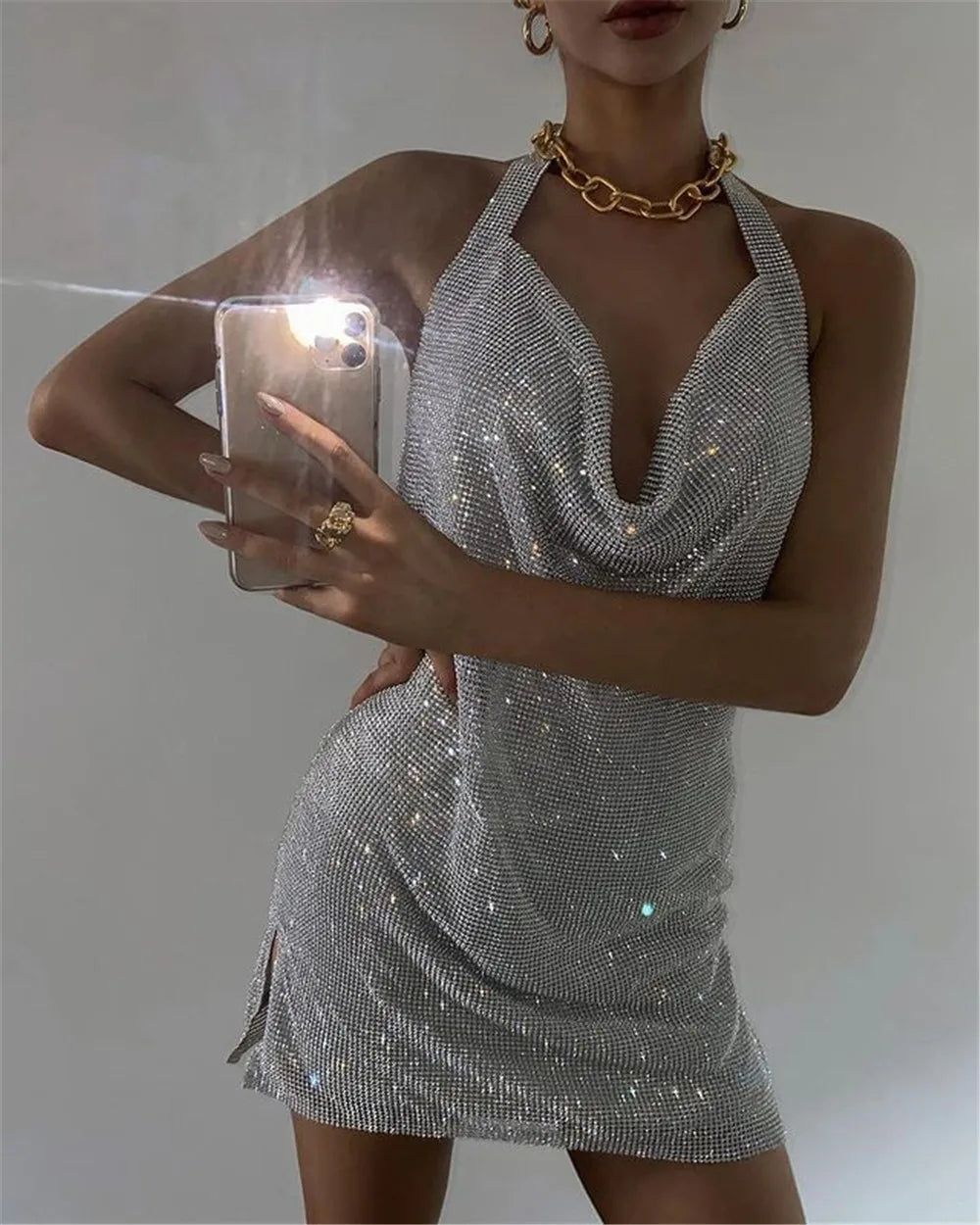 Bianca Rhinestone Sequin Slit Mini Dress