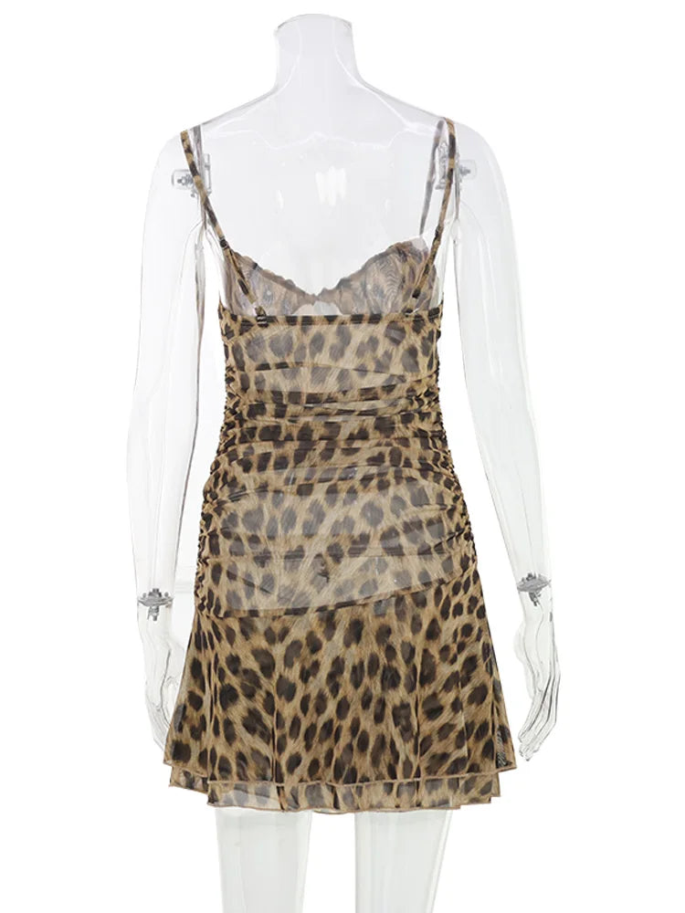 Teodora Leopard Ruched Cami Ruffle-Hem Mini Dress